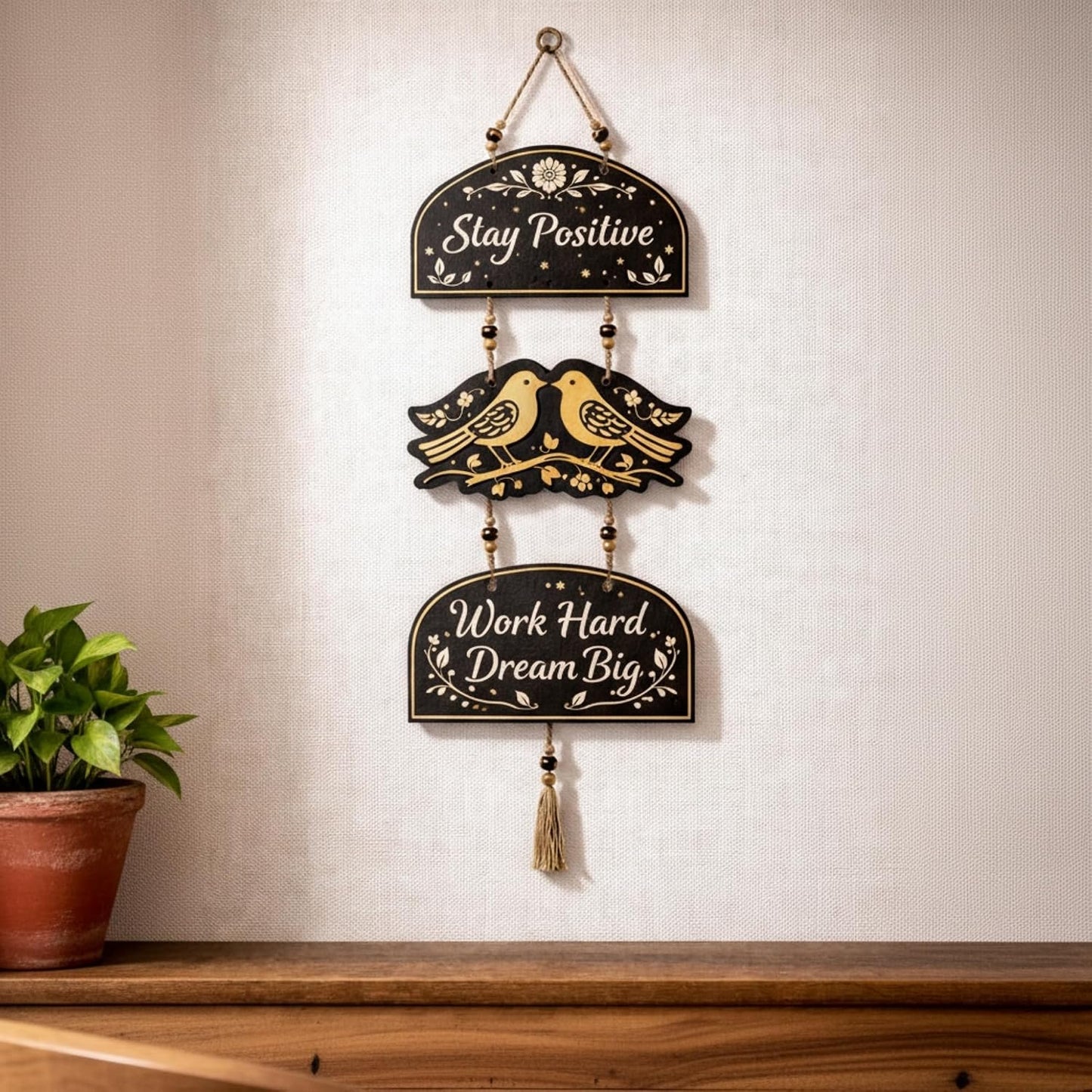 eCraftIndia Gold Foil Embossed Wooden Stay Positive Work Hard Dream Big Wall Hanging for Home Office