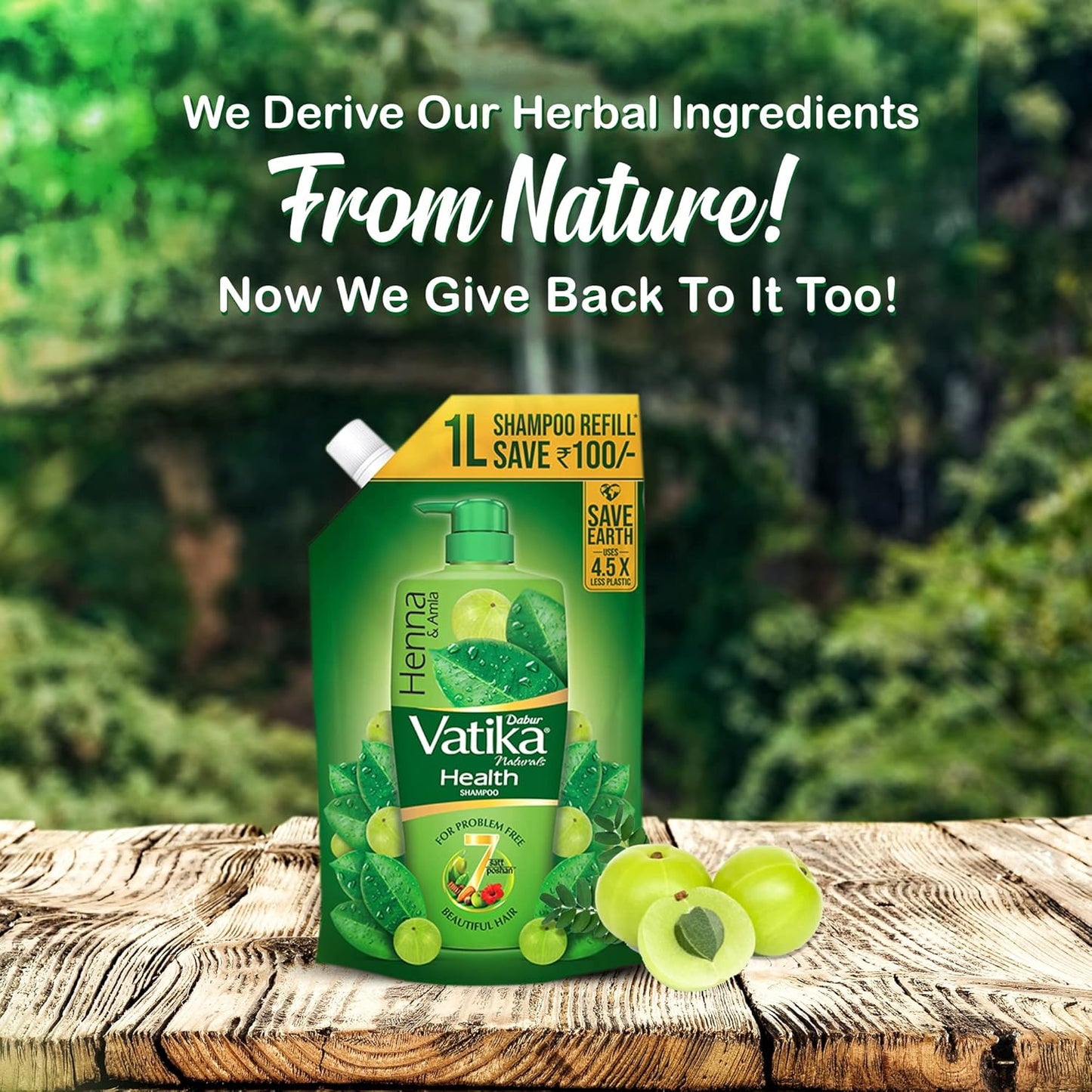 Vatika Henna Shampoo refill on a wooden surface with greenery in the background