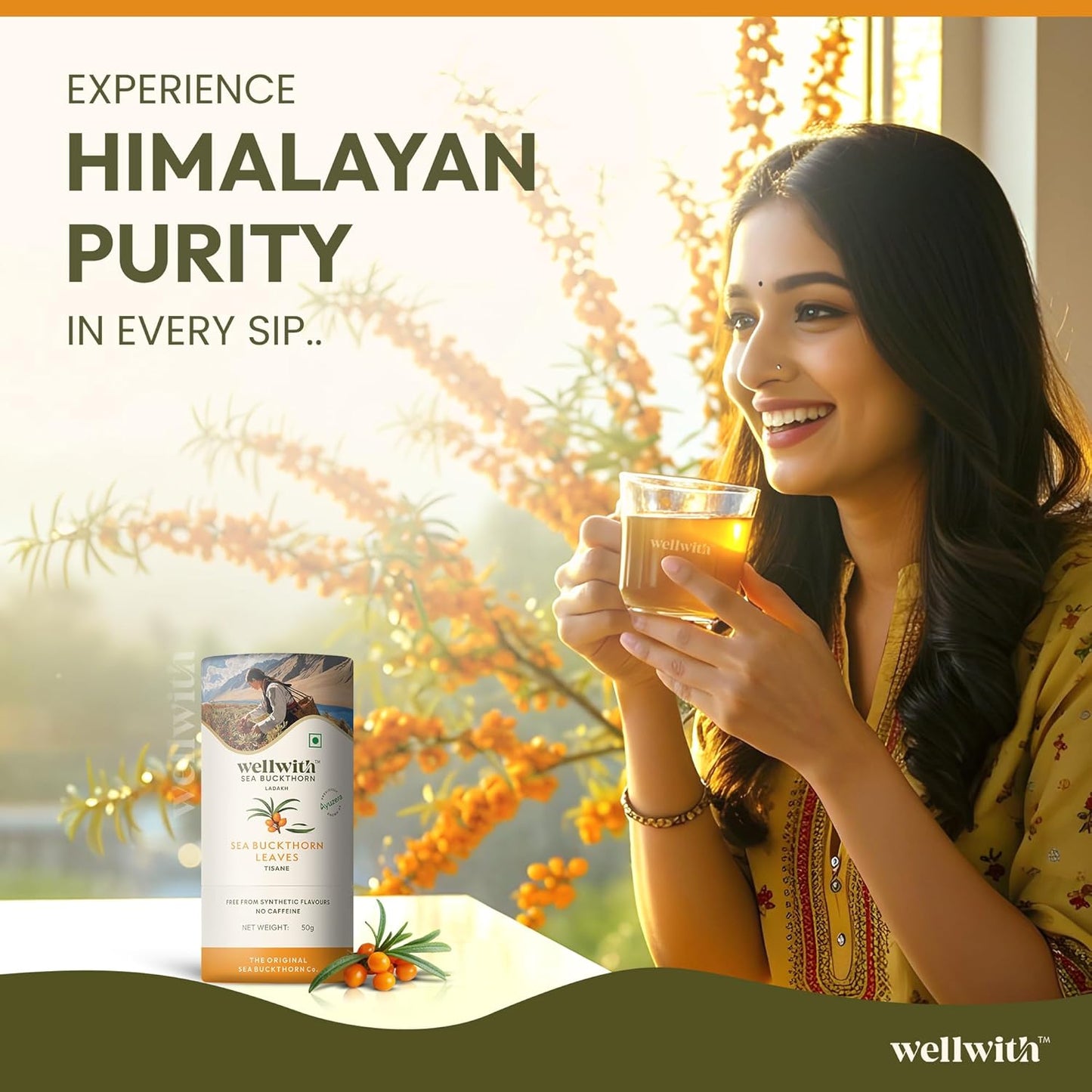 Wellwith by Ayuzera Sea Buckthorn Raw Leaves Tea, Good For Skin and Immunity, For a Healthy Lifestyle - Himalayan Herbal Tea - Pure & Natural (250g)