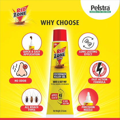 REDZONE Cockroach Killer Gel - 20g, Advance Formula Strong & Effective Long-Lasting Cockroach Gel for Home, Kitchen & Office, Anti Roach with Eco-Friendly, Easy to Use, Fragrance Free (Pack of 4)