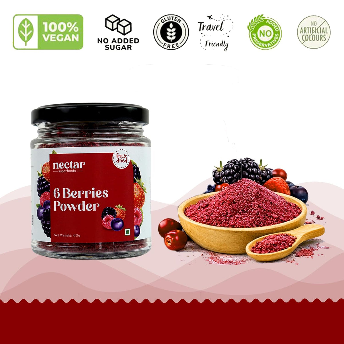 Nectar Superfoods Freeze Dried 6 Berry Powder | 60 grams Jar | 6 Serve | Blueberry, Mulberry, Raspberry, Strawberry, Cherry & Blackberry | No Added Sugar
