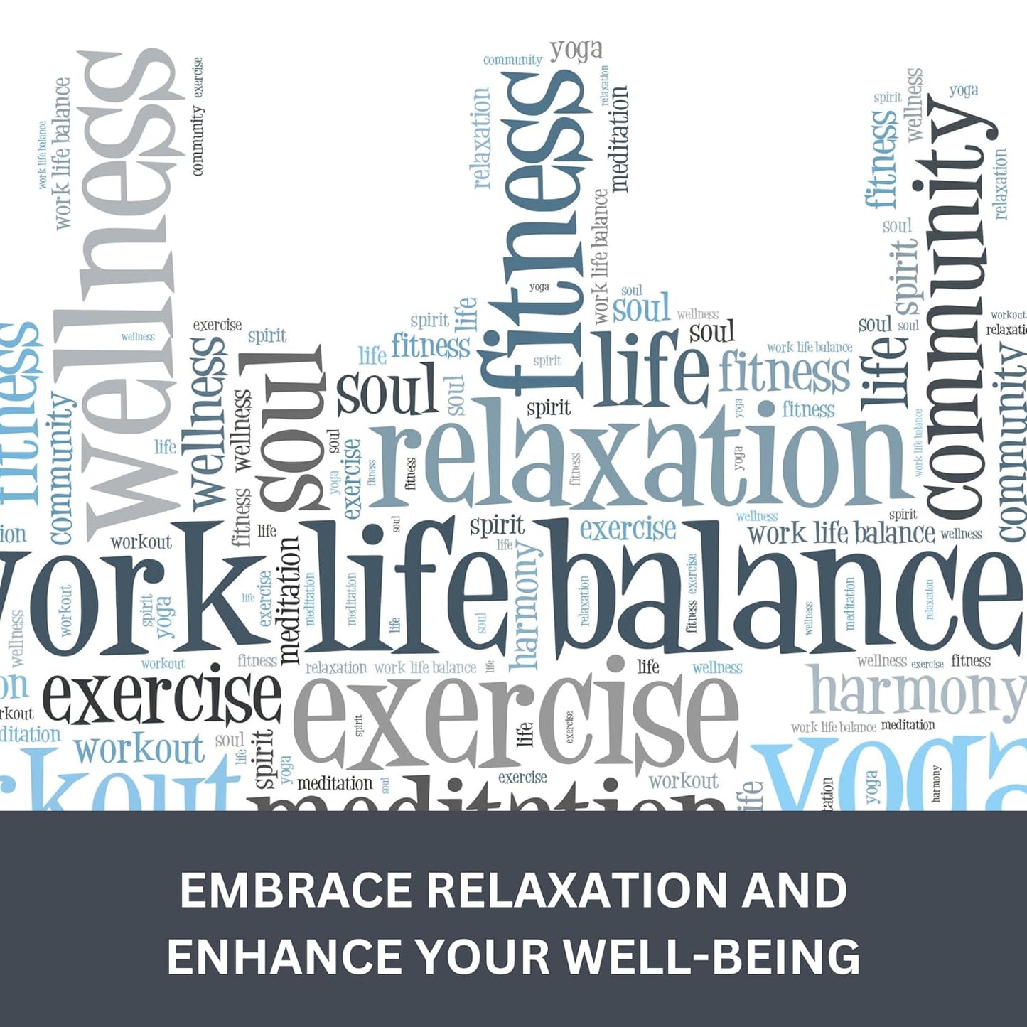 Word cloud with wellness-related terms on a white background