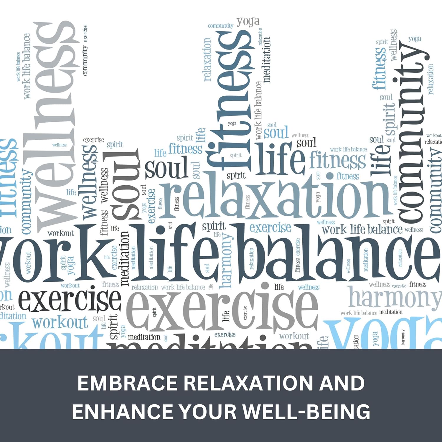 Word cloud with wellness-related terms on a white background