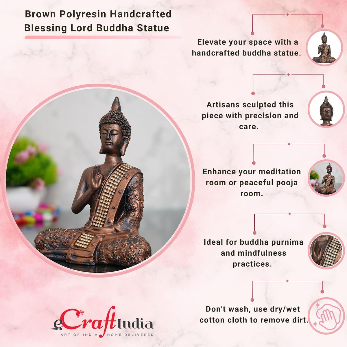 Handcrafted Meditating Lord Buddha Polyresin Idol (15 cm x 7.5 cm x 20 cm, Brown)