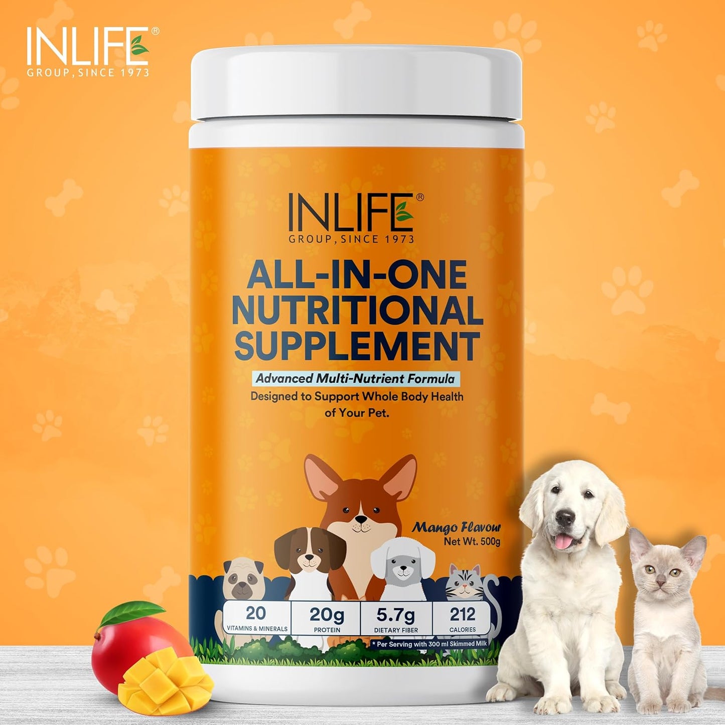 INLIFE Nutritional Meal Mix Powder for Dogs Cats and Pets, Protein Supplement with Advanced Multi-Nutrient Formula | Improves Growth and Development | Pet Supplement- 500g (Mango)