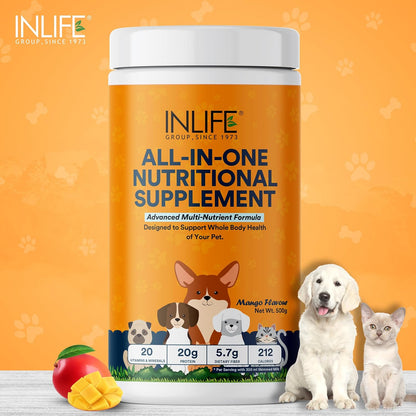 INLIFE Nutritional Meal Mix Powder for Dogs Cats and Pets, Protein Supplement with Advanced Multi-Nutrient Formula | Improves Growth and Development | Pet Supplement- 500g (Mango)
