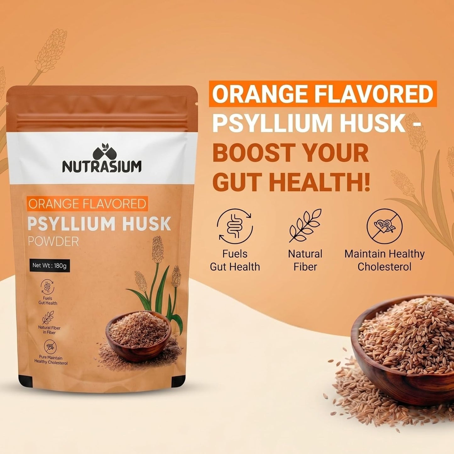 Nutrasium Psyllium Husk Powder | Isabgol Powder | Supports to Relieves Constipation | Rich Source Of Dietary Fiber Supplement For Digestion & Gut Health | 180 gram Orange Flavour