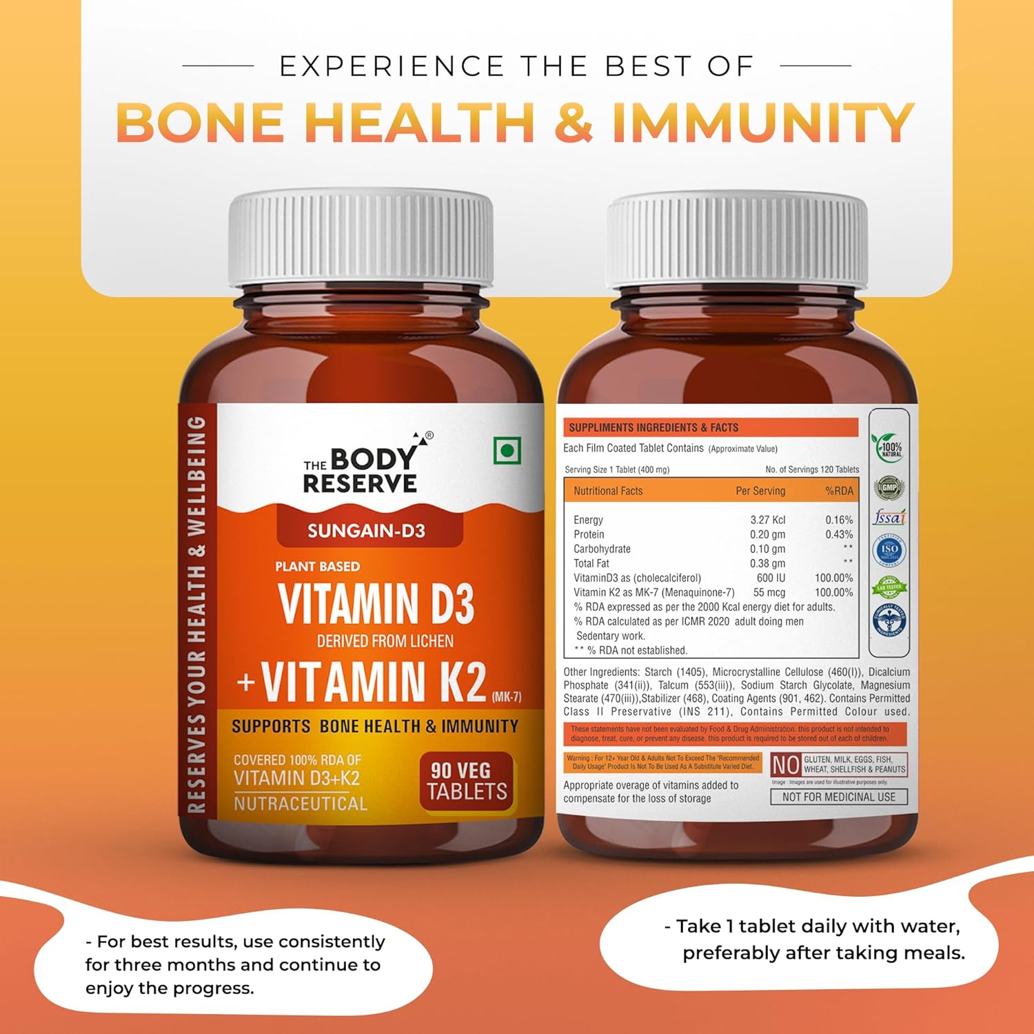 Two bottles of Body Reserve Vitamin D3 + Vitamin K2 on a yellow and orange background.