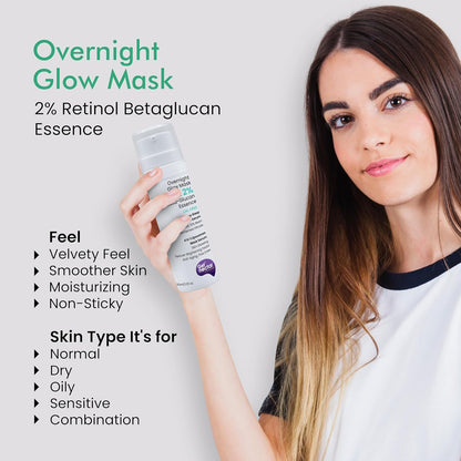 Woman holding an Overnight Glow Mask with product details on a light gray background