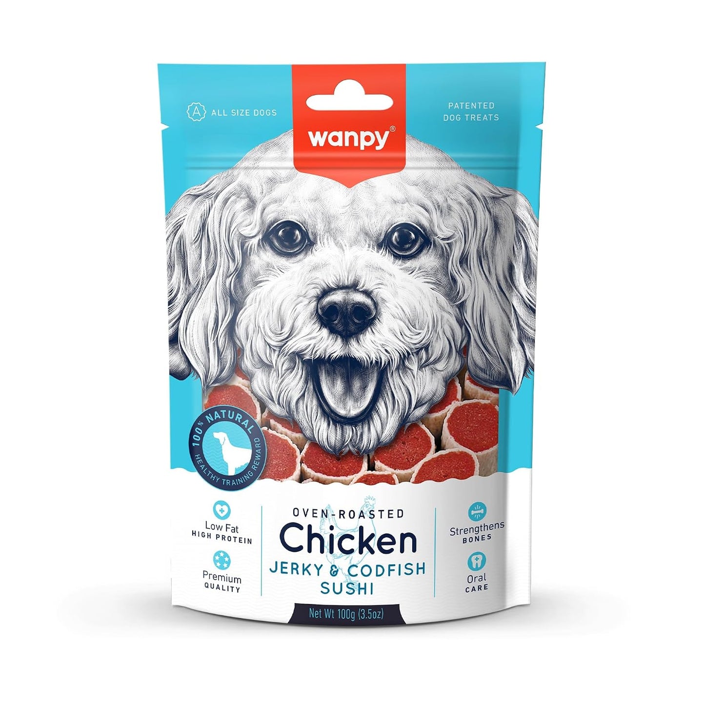 Wanpy 100% Natural Dog Treat | Chicken Jerky & Codfish Sushi 100Gm (Pack of 1) by DogsNCats