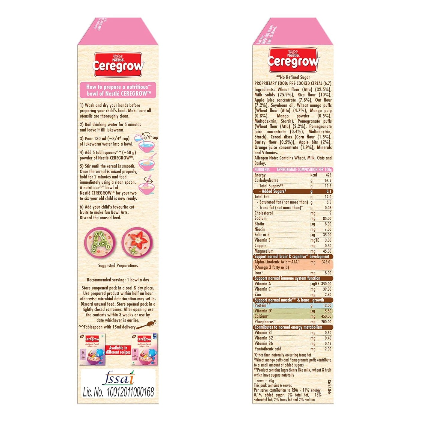 CEREGROW Multigrain Cereal with Milk & Fruits, NO Refined Sugar, from 2-6 Years, with Iron, Protein, Calcium, Omega 3, Instant Cereal, 300g, Bag-in-Box Pack