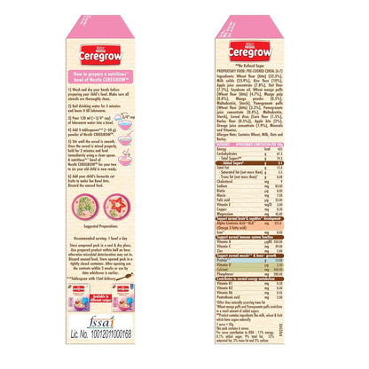 CEREGROW Multigrain Cereal with Milk & Fruits, NO Refined Sugar, from 2-6 Years, with Iron, Protein, Calcium, Omega 3, Instant Cereal, 300g, Bag-in-Box Pack