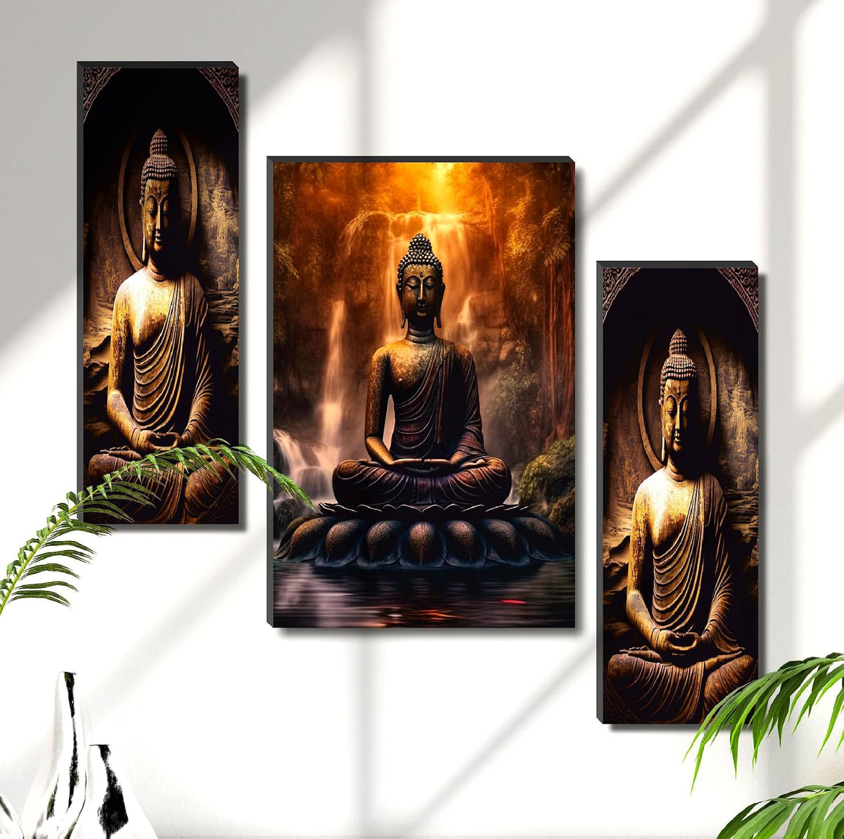 Tranquil Buddha & Waterfall Wall Art – 3-Panel UV-Printed Zen Triptych | Ready-to-Hang Meditation & Home Décor (20 Inch x 12 Inch) JM-35294