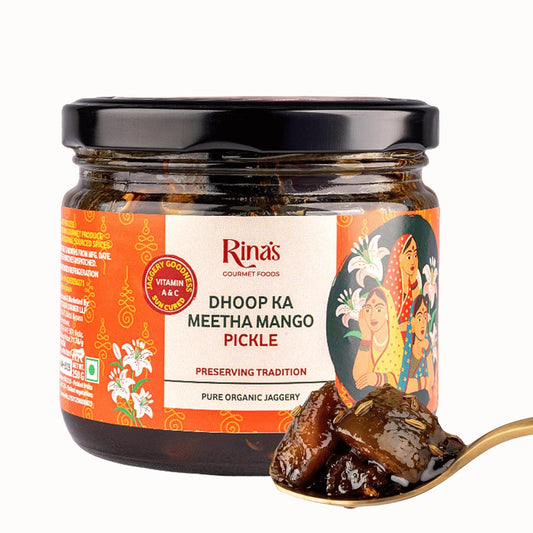 Mango Pickle Mango Achar Sweet Aam Ka Meetha Achar Rina's Dhoop Ka Meetha Sun Cured Mango Pickle with Organic Jaggery and Panchphoran Masala, No Artificial Preservatives