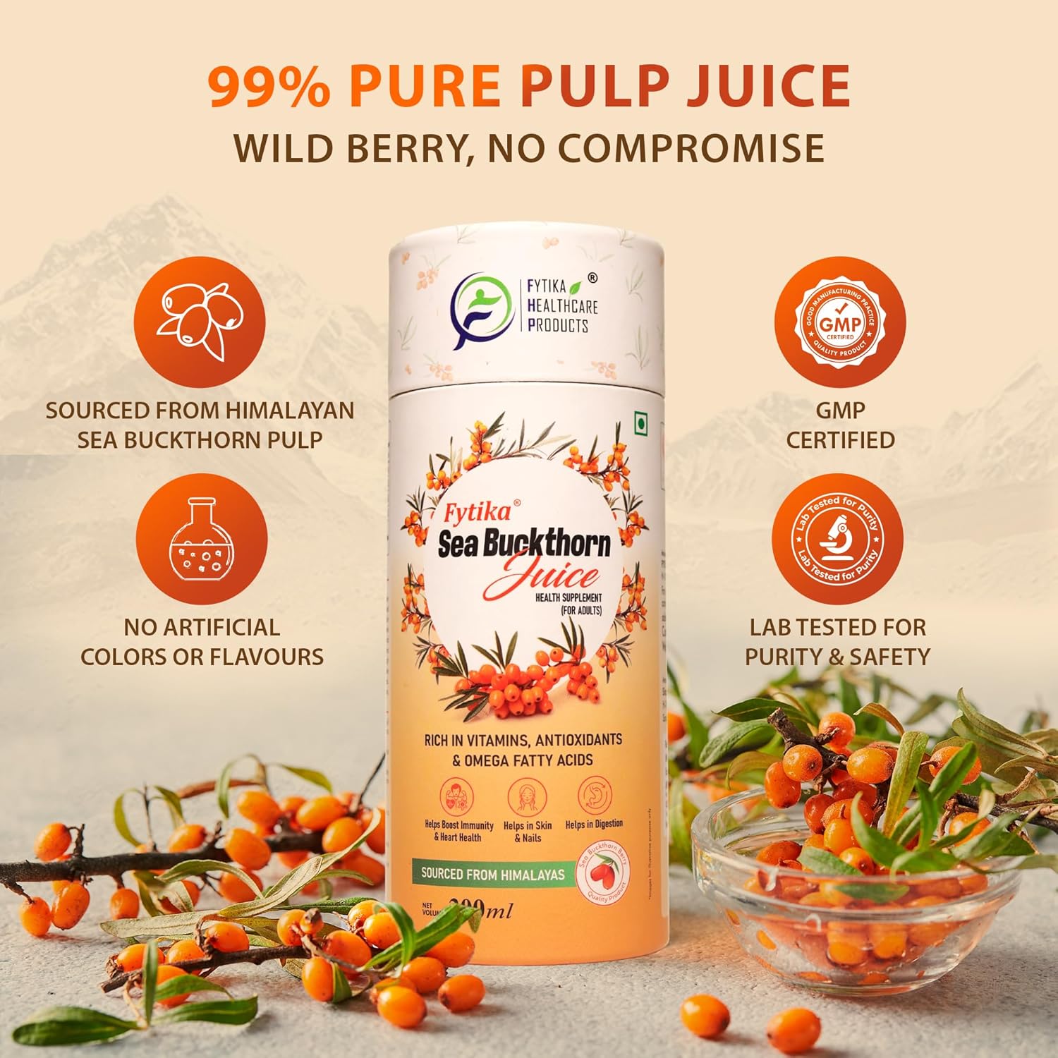 Fytika Sea Buckthorn Juice packaging with product details on a beige background