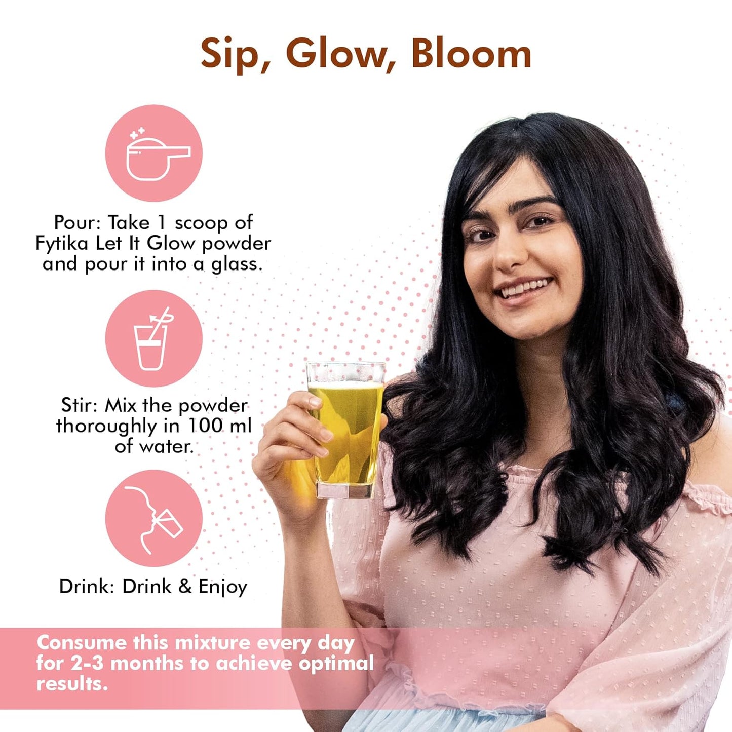 Woman holding a glass with a product, surrounded by instructions on a white background.