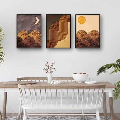 Mid-Century Modern Wall Art Set of 3 - Abstract Geometric Prints for Living Room Decor - Boho Sun and Moon Landscape Art With Frame