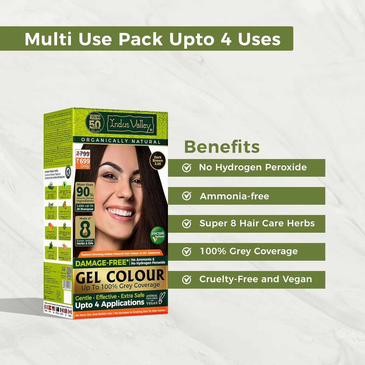 Hair color kit packaging with benefits listed on a white background