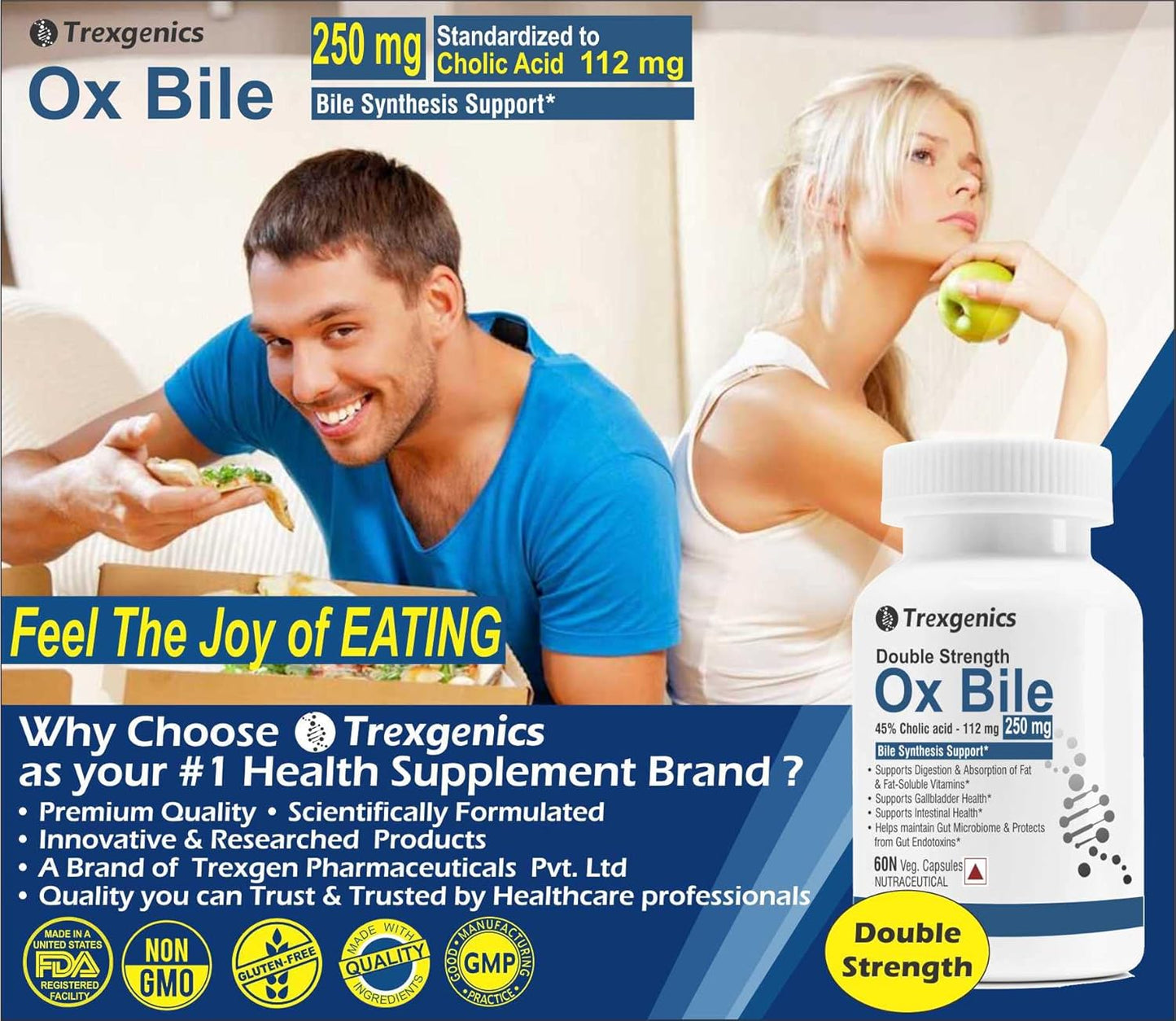 Trexgenics BILE EXTRACT 250 mg 45% Cholic acid DOUBLE STRENGTH Bile Synthesis Support (60 Vegan Capsules) (Pack of 1)
