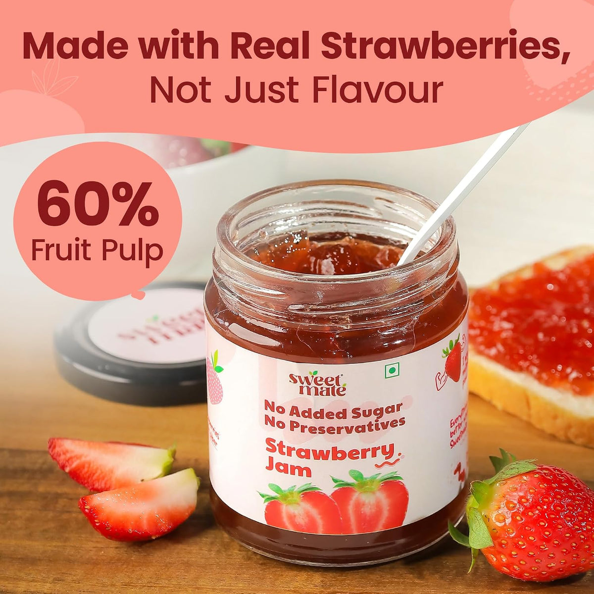 Sweetmate Strawberry Jam - 220g | No Added Sugar | 100% Pure Fruit Pulp & Healthy Fiber | No Preservatives, Colors & Artificial Flavors | Diabetic & Keto Friendly Jam