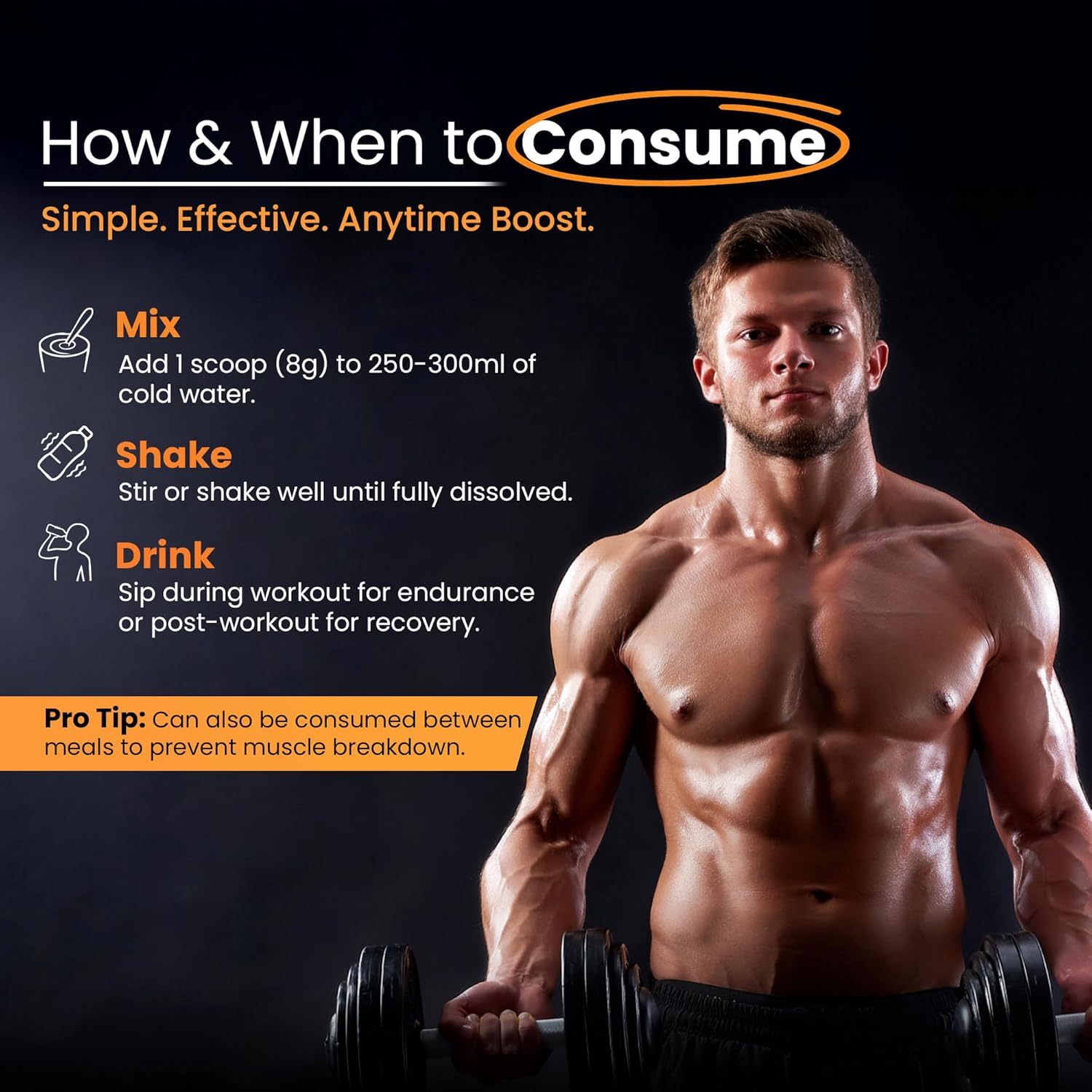 Man lifting weights with a supplement consumption guide on a black background