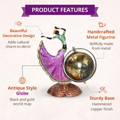 Home and Office Decorative Globe Metal Table Top Showpiece Globe, Home Rajasthani Dancing Lady Decoration items, Decor and Gift for Living Room, Bedroom, Showcase, Desk Gifts for Woman Man