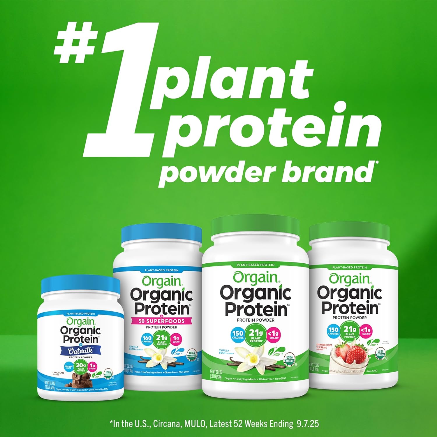 Orgain Organic Protein powder containers on a green background with text claiming it as '#1 plant protein powder brand'.
