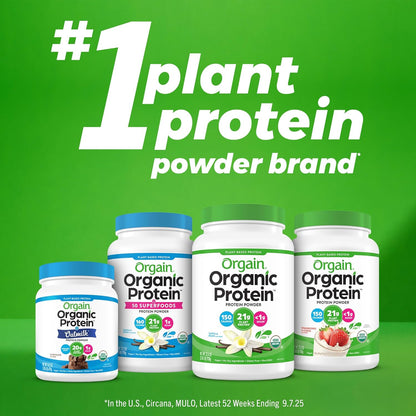 Orgain Organic Protein powder containers on a green background with text claiming it as '#1 plant protein powder brand'.