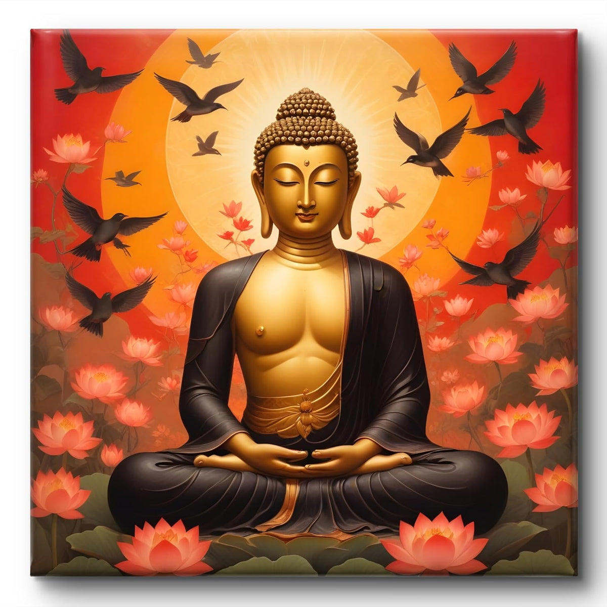 Buddha Wall Art Canvas, Meditation Lotus Flowers, Spiritual Zen Decor with Birds, Orange Sunset Background 16 Inch x 16 Inch CVS-38103