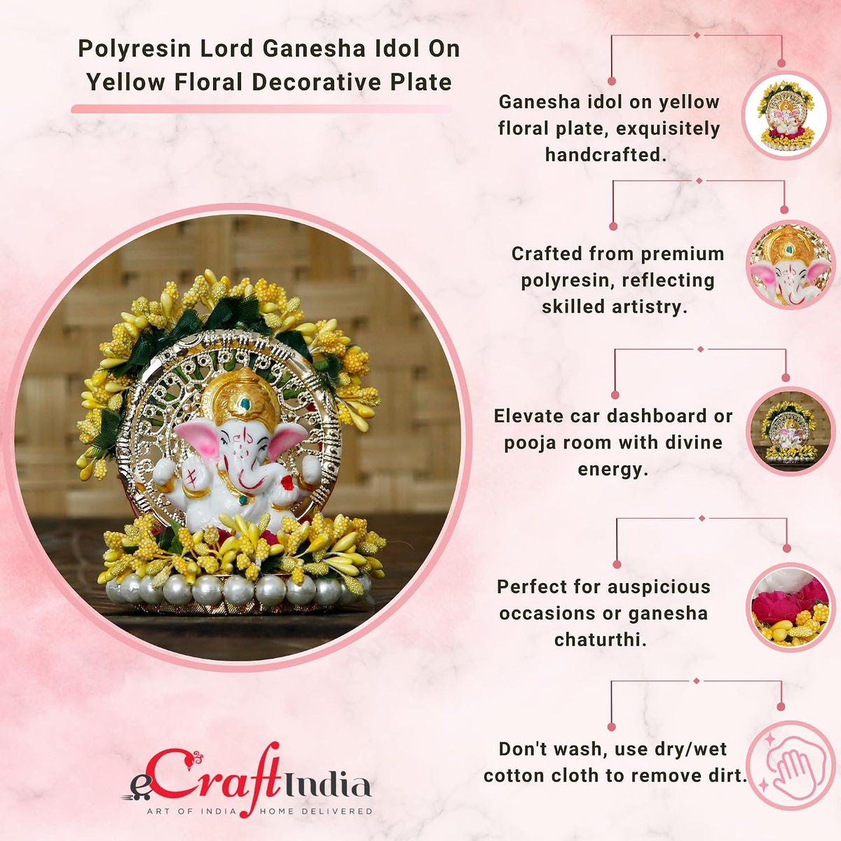 Resin Handcrafted Lord Ganesha Idol on Yellow Floral Decorative Plate| Ganesha Idol for Home Decor Car Dashboard| Ganesha Statue|Ganpati Murti Gift for Diwali Ganesh Chaturthi Housewarming