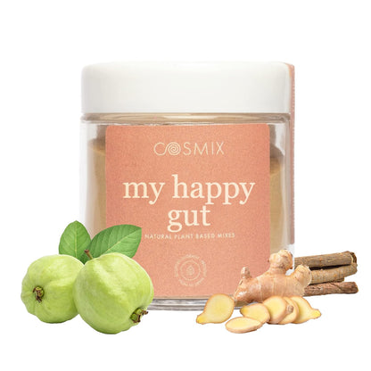 Cosmix my happy gut product with guava, ginger, and cinnamon on a white background