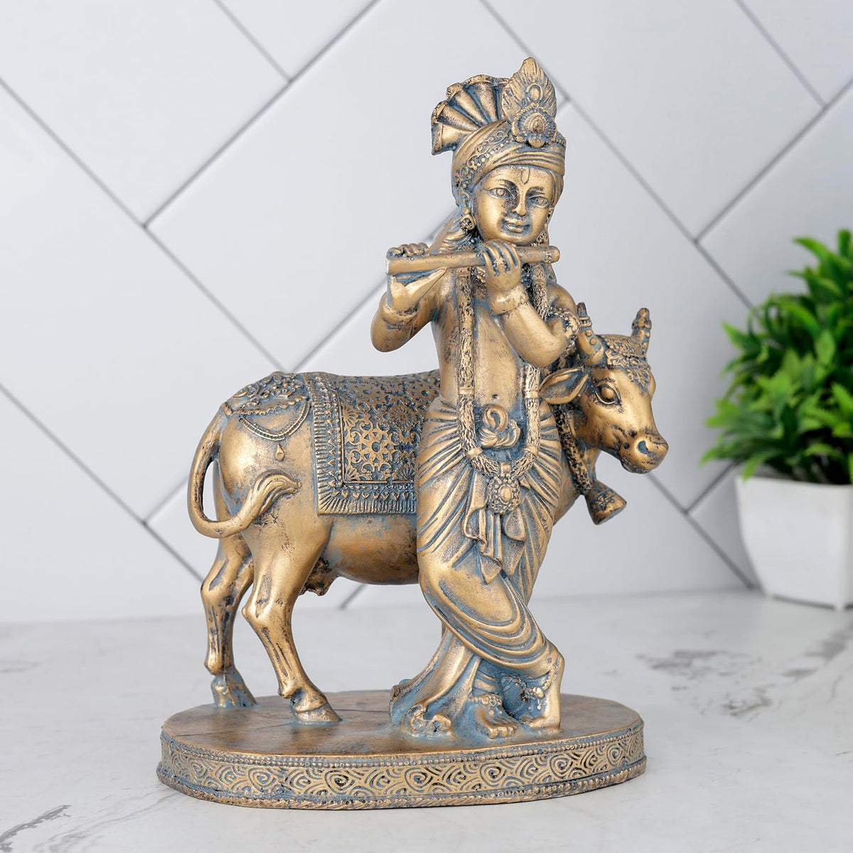 Krishna Cow Idol Statue Showpiece for Pooja Home Decor Items for Living Room and Gifts-A_GOL_BLU-KRN5