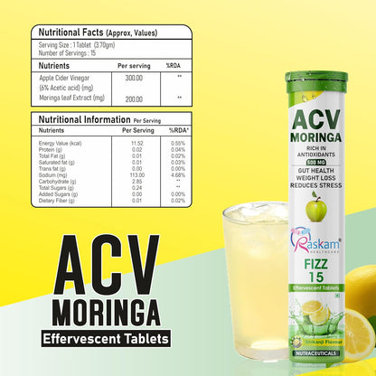 ACV Moringa Effervescent Tablets | 15 Tablets, 500mg Natural Energy & Immunity Booster with Antioxidants (Shikanji) Pack of 1