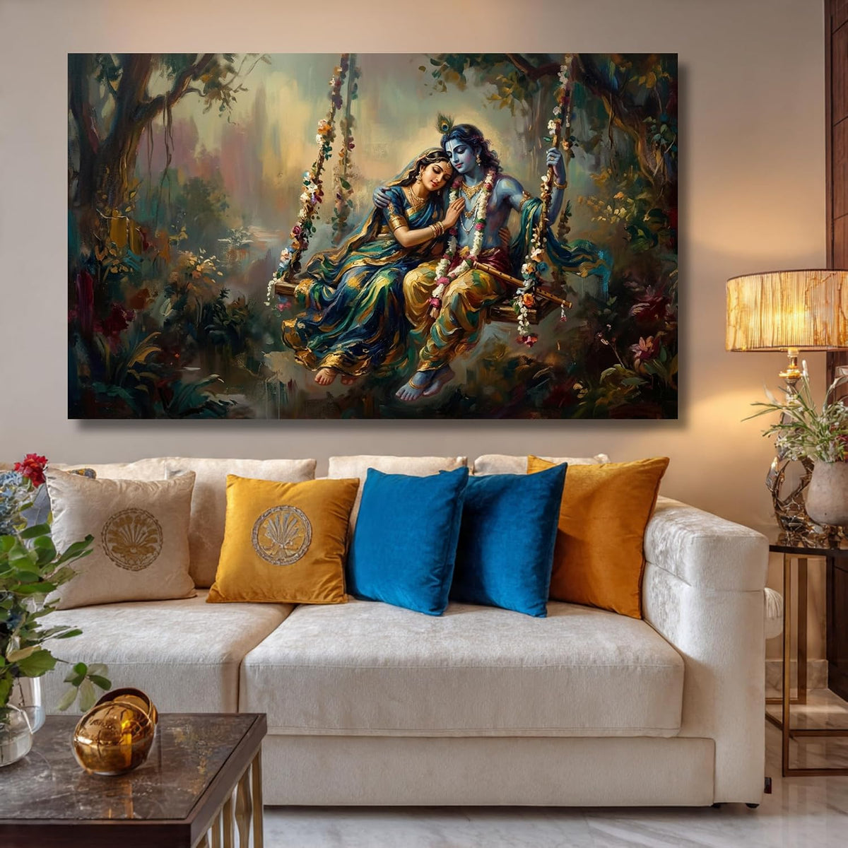 Artistic Premium Radha Krishna Canvas Painting for Living Room | Radha Krishna painting for wall Big Size | Spiritual Vastu Home Decor | Radha Krishna jhula wall painting for Bedroom | Hindu God Large Canvas Wall Painting (36 X 24 INCH, Unframed - LARGE)