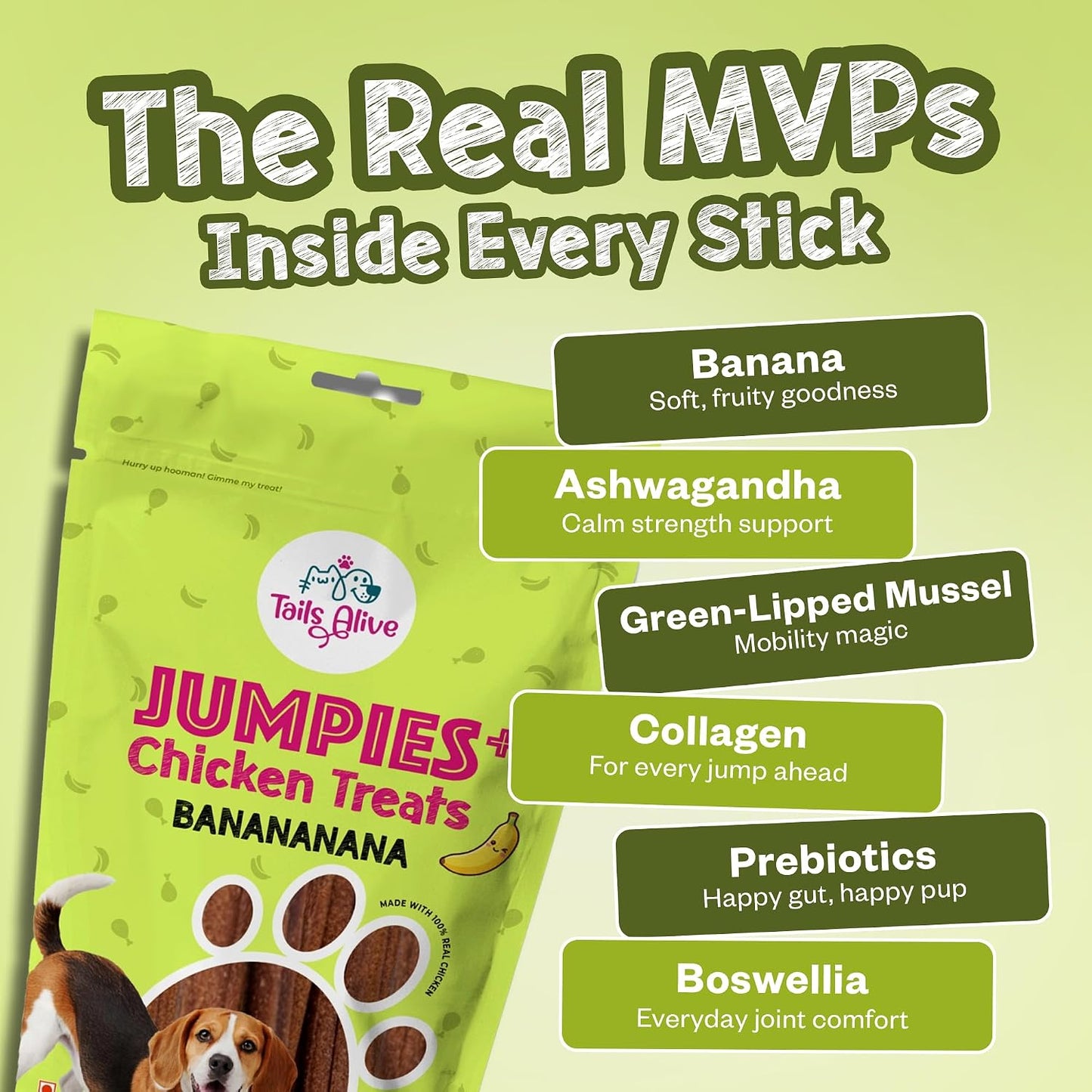 TailsAlive Jumpies+ Treats for Dogs | Joint & Mobility Support | No Added Sugar | Ashwagandha, Green-Lipped Mussel & Prebiotics | Banana | 100g
