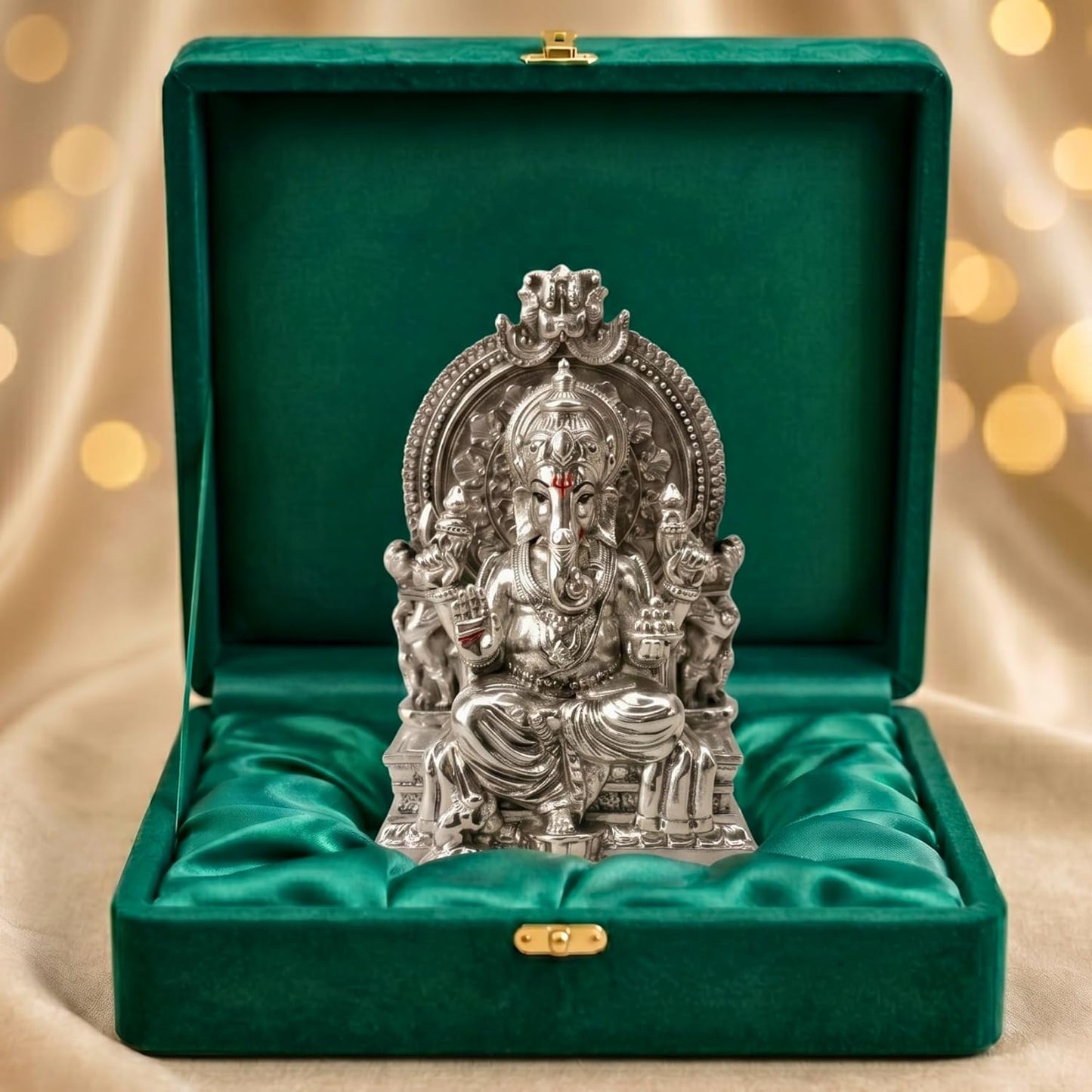 Dev Aastha Silver Plated Throne Ganesh Idol - 3.7 Inch Divine Seated Ganpati Statue on Royal Singhasan for Home Mandir and Office - Auspicious Vastu Decor and Spiritual Gift with Anti-Tarnish Finish
