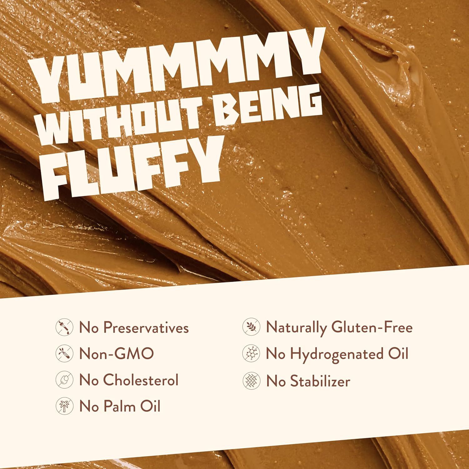 Chocolate spread with text 'Yummmy without being fluffy' and health benefits listed.