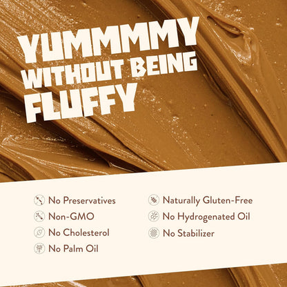 Chocolate spread with text 'Yummmy without being fluffy' and health benefits listed.