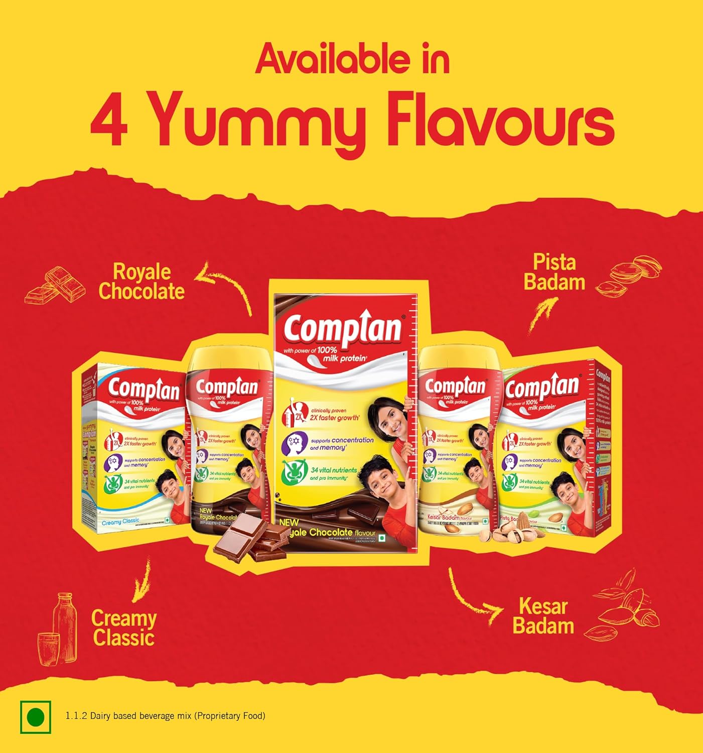 Complan Nutrition Drink Powder for Children, Kesar Badam Flavour, 500 g Carton | Nutrition drink for kids with protein & 34 vital nutrients with free Shaker