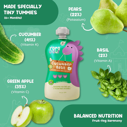 Rorosaur Ready to Eat Fruit & Veggie Baby Food Puree Pouch 100g each, Pk of 2 | Puree with Green Apple, Cucumber & Pear for 6+ Months Baby | 100% Natural, No Preservatives, No Added Sugar