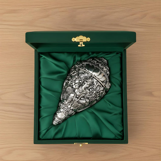 Dev Aastha 999 Pure Silver Plated Ganesh Shankh | 6 Inch Grand Vastu Showpiece for Success & Wealth | Sacred Conch Shell Idol for Home Temple & Altar