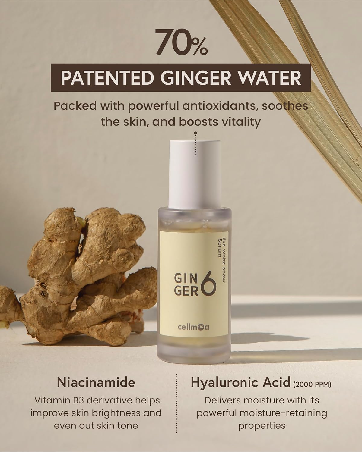 Ginger water bottle with ginger root and text about its benefits on a neutral background