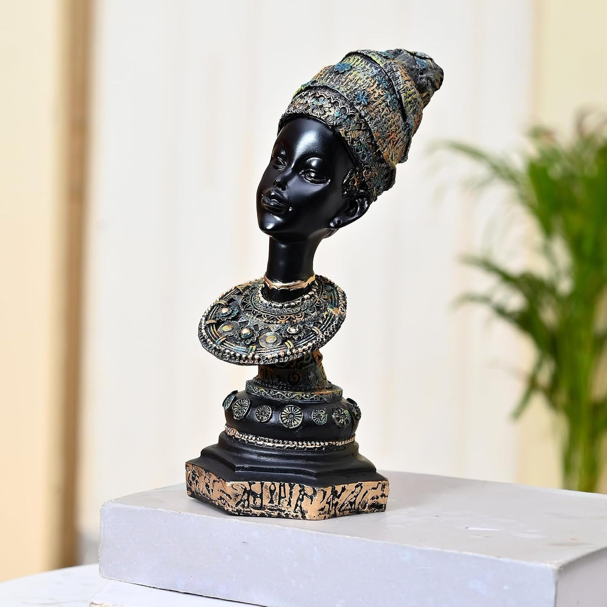African Lady Statue with Pot|Graceful and Cultural Home Décor (Pack of 1, Black, Green & Golden, Model 1)