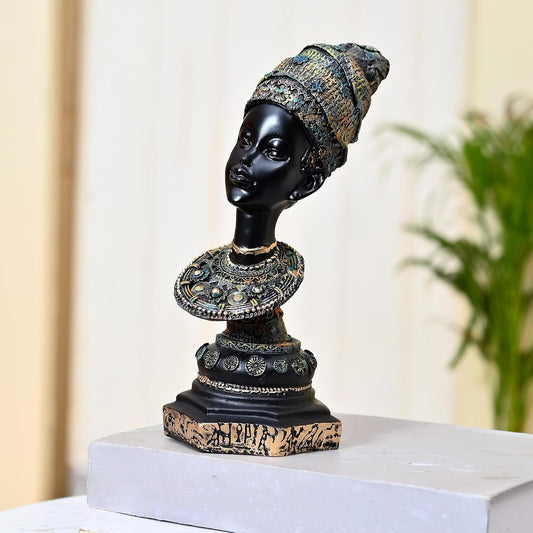 African Lady Statue with Pot|Graceful and Cultural Home Décor (Pack of 1, Black, Green & Golden, Model 1)
