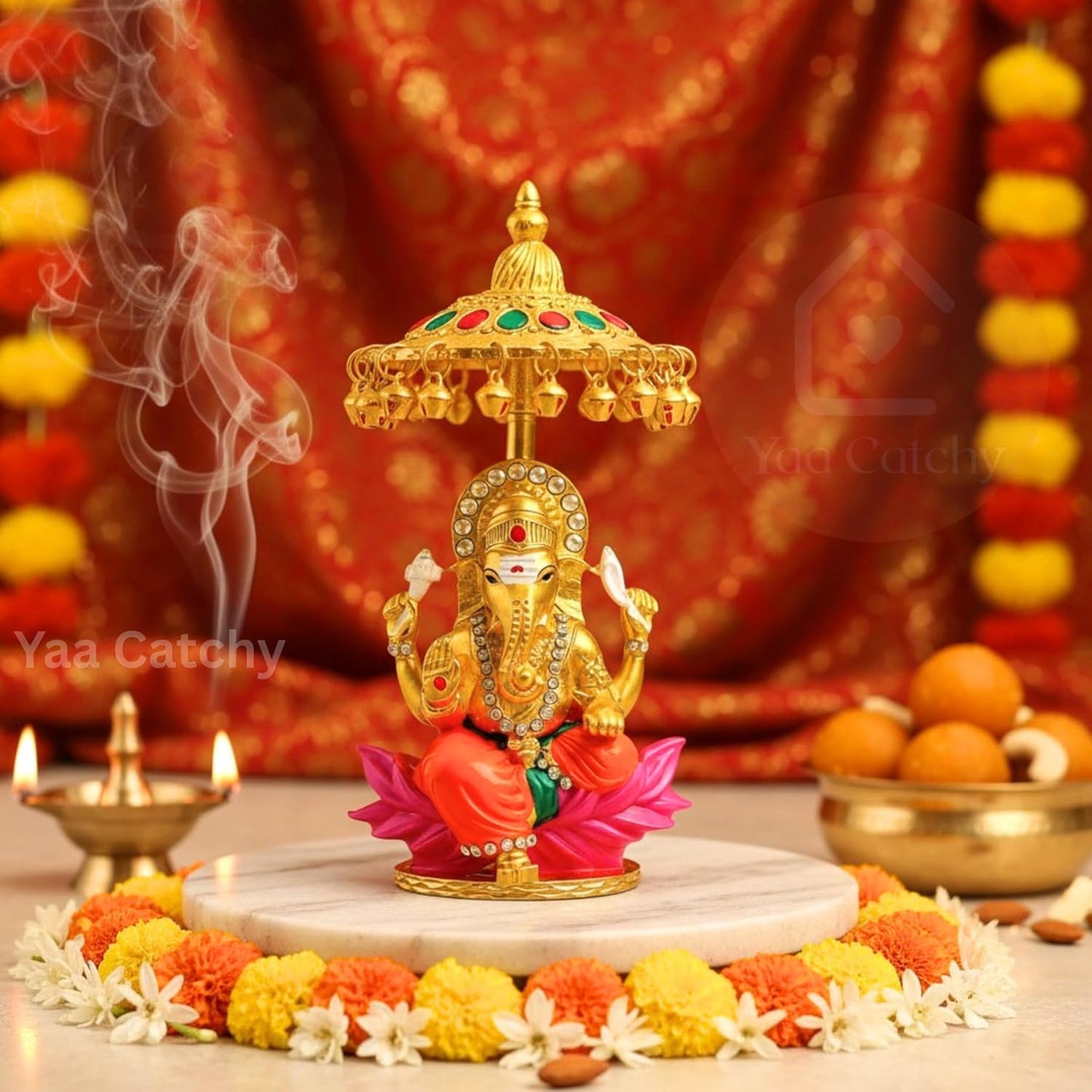 Yaa Catchy Lord Ganesha Car Dashboard Idol & Crystal Stones Hindu God Ganpati.Believed to Protect and Bless Travelers on Their Journeys. (Umbrella Colour)