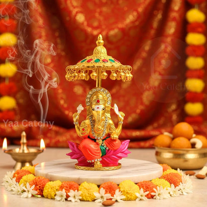 Yaa Catchy Lord Ganesha Car Dashboard Idol & Crystal Stones Hindu God Ganpati.Believed to Protect and Bless Travelers on Their Journeys. (Umbrella Colour)