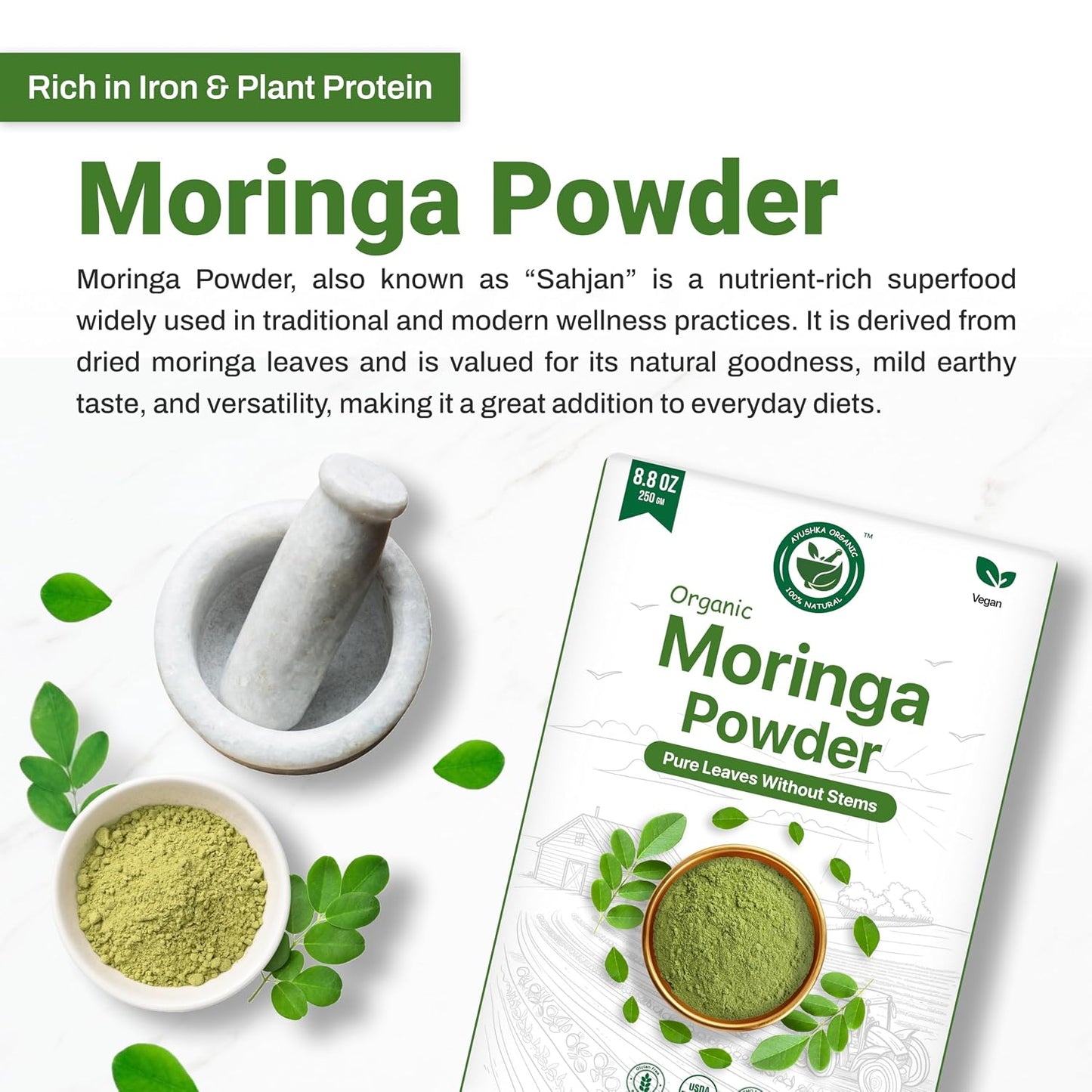Moringa Powder 250g | USDA Organic Certified Drumstick Leaves Powder | 100% Pure & Fresh Moringa Leaf Powder | Rich in Vitamins, Minerals & Antioxidants | Natural Superfood for Energy, Stamina & Vitality | Non-GMO & No Preservatives AYUSHKA ORGANIC