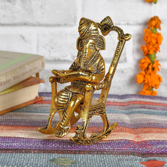 Lord Ganesha Reading Ramayana Statue Hindu God Ganesh Ganpati Sitting on Chair Idol Sculpture Good Luck & Success Home Office Gifts Decor Golden Brass Metal