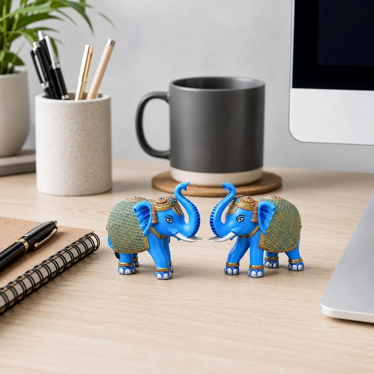 Blue Gold Mini Elephant Showpiece Pair, Car Dashboard, 3 Inch