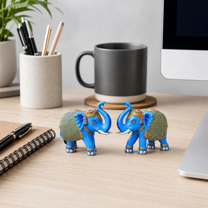 Blue Gold Mini Elephant Showpiece Pair, Car Dashboard, 3 Inch